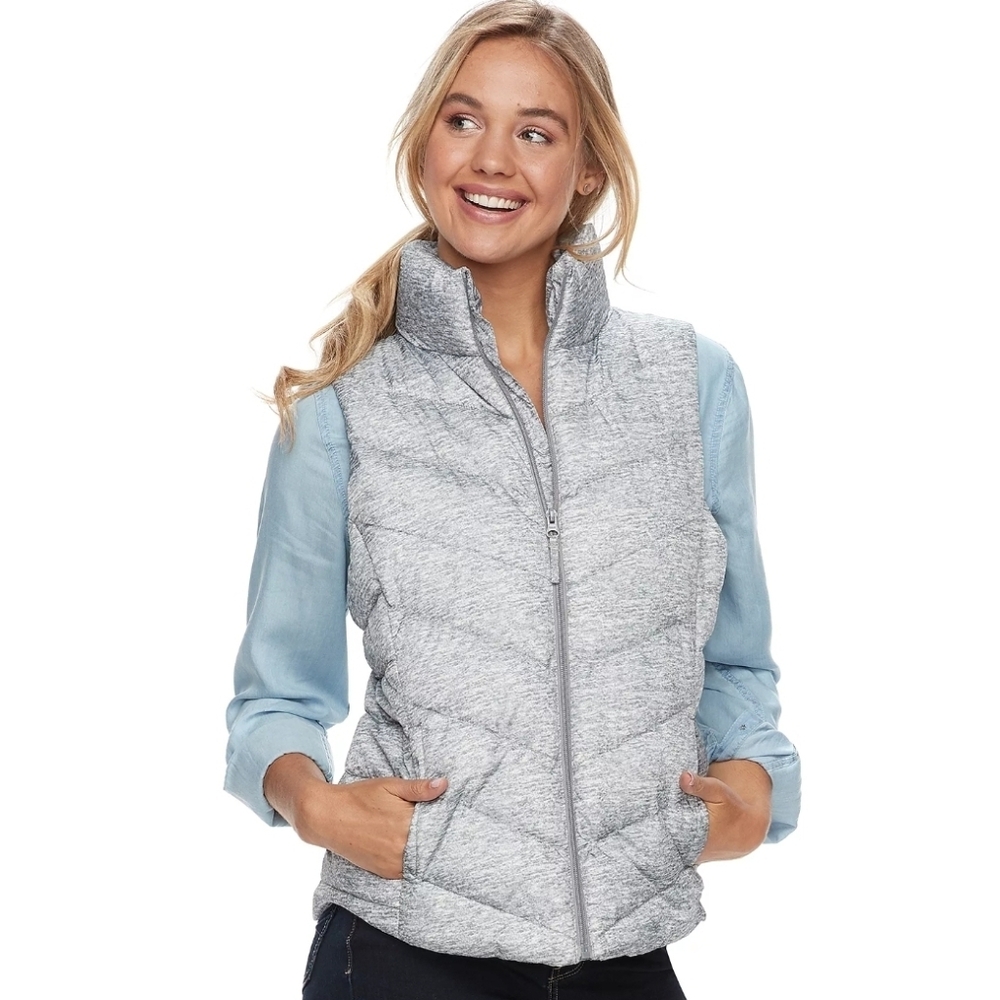 So Puffer Vest Womens Large Heather Gray Full Zip Sleeveless Jacket Juniors